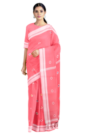 Carrot Pink Saree with White Border and Butis