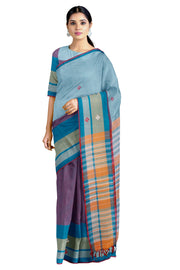 Purple and Blue Mercerised Saree with Yellow, White and Red Border and Butis