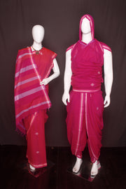 Cerise and Magenta Pink Aahar Joda with White Butis and Orange, Red and Purple Border