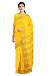 Cyber Yellow Mercerised Saree with Butis and Green, Red Striped Border