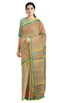 Green Mercerised Cotton and Orange Lined Saree with Cyan, Blue and Yellow Border and Butis