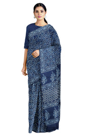 Flower Patterned Indigo and White Dabu Printed Saree