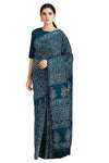 Flower Patterned Blue, Grey and Off White Dabu Printed Saree