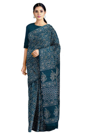 Flower Patterned Blue, Grey and Off White Dabu Printed Saree