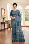 Blue, Off White and Grey Dabu Printed Saree