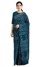 Rose Patterned Blue, Grey and Off White Dabu Printed Saree