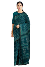 Green, Blue and White Dabu Printed Saree with Golden Zari Border