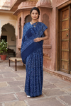 Blue and White Leaf Patterned Dabu Printed Saree