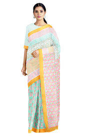 Sea Green sanganeri Hand Block Printed Saree