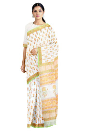 White sanganeri Hand Block Printed Saree