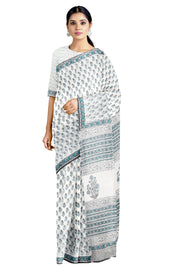 White sanganeri Hand Block Printed Saree