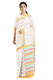 White sanganeri Hand Block Printed Saree