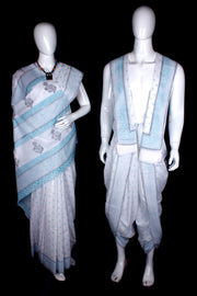 White, Blue and Grey Sanganeri Hand Block Printed Couple Set