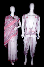White, Red and Violet Sanganeri Hand Block Printed Couple Set