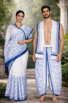 White Sanganeri Hand Block Printed Couple Set with Blue Border