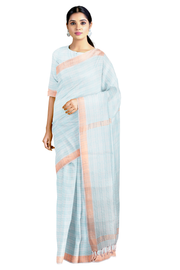 Sky Blue Self Check Saree with Goldan Zari Border