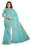 Cyan Window Check Saree with Golden Zari Border