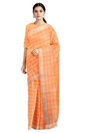 Orange Self Check Saree with Goldan Zari Border