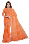 Orange Window Check Saree with Golden Zari Border
