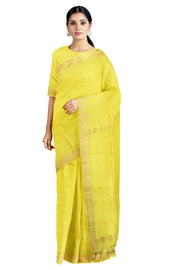Yellow Self Check Saree with Goldan Zari Border