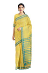 Yellow Saree with Golden Zari and Blue Checks and Border