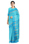 Sea Green Check Saree with Goldan Zari and Sky Blue Border
