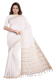 White Saree with Golden Zari Border