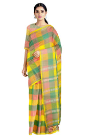 Yellow, Green, Pink and Orange Check Saree with Golden Zari Border