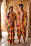 Red, Green, Yellow and Golden Zari Check Aahar Joda