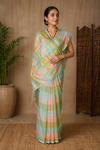 Multi Colour Check Saree with Golden Zari Linings and Border