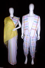 White, Green, Yellow and Pink Striped Aahar Joda with Golden Zari Border