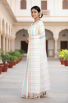 White Saree with Multi Colour Stripes and Golden Zari Border