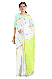 White Saree with Multi Colour Stripes and Golden Zari Border