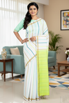 White Saree with Multi Colour Stripes and Golden Zari Border