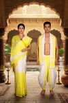 White and Yellow Striped Couple Set with Golden Zari Border in Saree