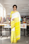 Yellow and White Striped Saree with Golden Zari Border