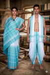 White and Cyan Striped Couple Set with Golden Zari Border in Saree