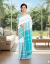 Blue and White Striped Saree with Golden Zari Border