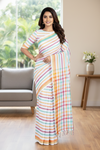 White and Multi Colour Striped Saree with Green, Orange and Golden Zari Border