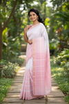 White and Pink Striped Saree with Golden Zari Border