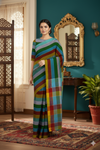 Multi Colour Striped Saree with Golden Zari Linings and Green and Yellow Border
