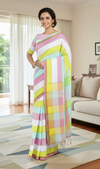 Multi Colour Striped Saree with Golden Zari Linings and Pink and Cyan Border