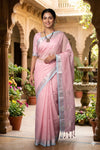 Pink Saree with Blue and Silver Zari Linings and Border