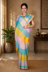 Light Pink, Yellow and Blue Check Saree with Golden Zari Linings