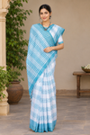 White Saree with Golden Zari and Blue Lining Checks and Border