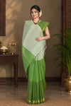 White and Green Saree with Golden Zari Border