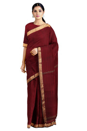 Maroon Self Check Saree With Goldan Zari Border