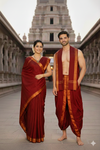 Maroon Self Check Couple Set with Golden Zari Border