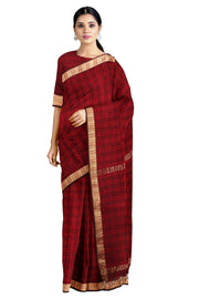 Maroon Self Check Saree with Goldan Zari Border