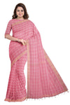 Pink Window Check Mercerised Saree with Golden Zari Border